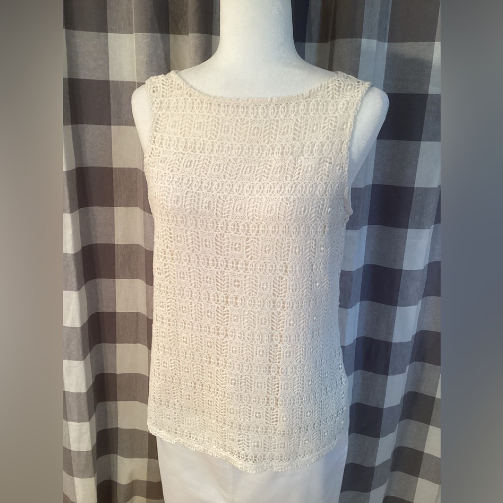 Talbots Ivory Knit Crochet-Embellished Sleeveless Shell
